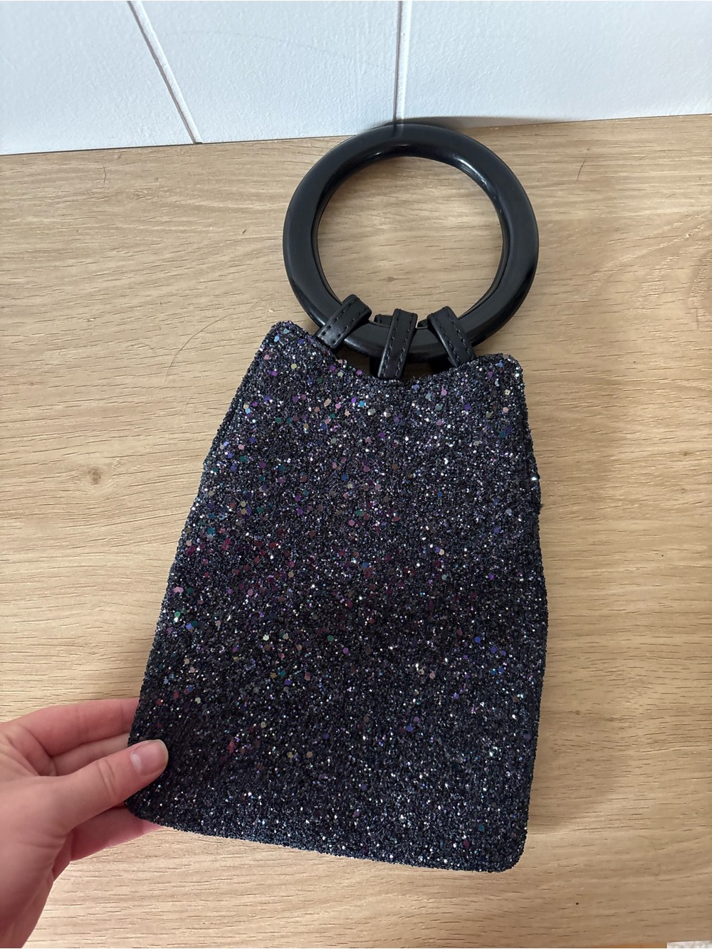 Street Level Black Glitter Circle-Handle Mini Bag
